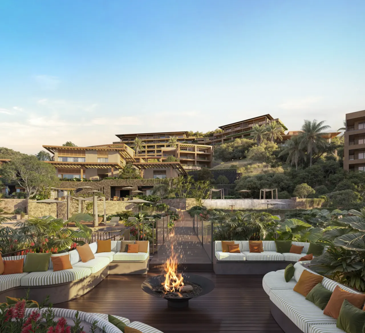 Waldorf Astoria Costa Rica Punta Cacique, the fire pit terrace at dusk