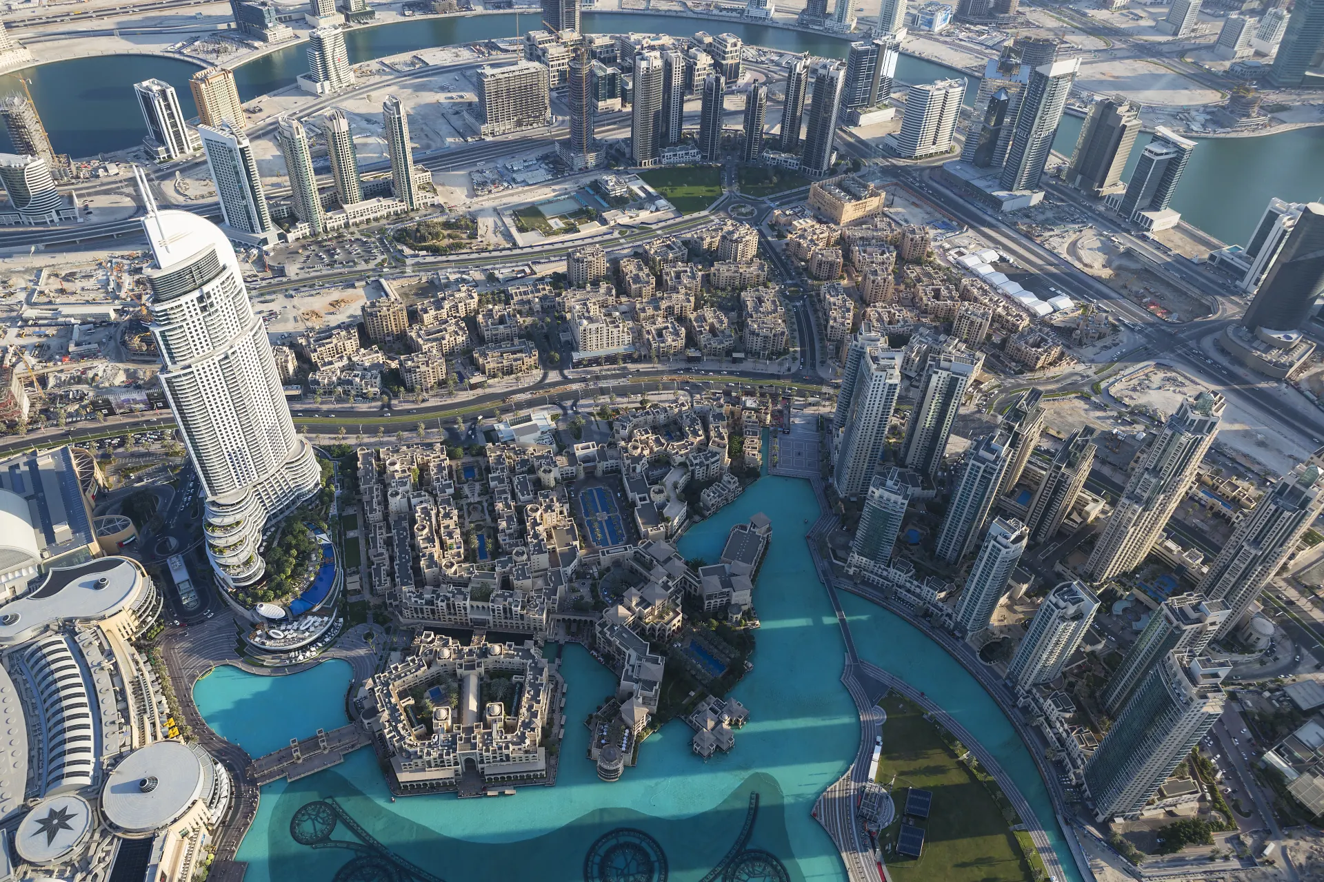 Downtown Dubai from above, with the Dubai Fountain lake